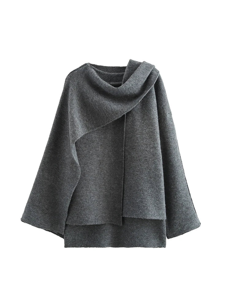 TRAF Women's Fashion Fall Winter Chic Knitted Asymmetric Jacket with Split Hem