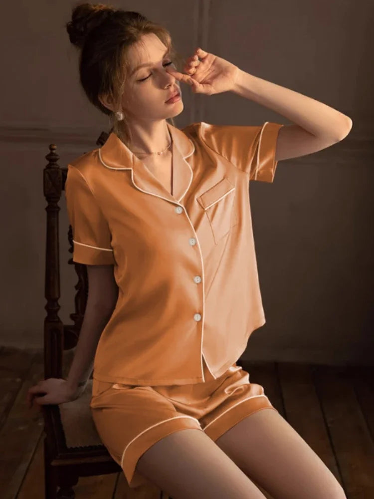 Solid Women Faux Silk Pajama Set – Summer Korean Fashion 2-Piece Sleepwear