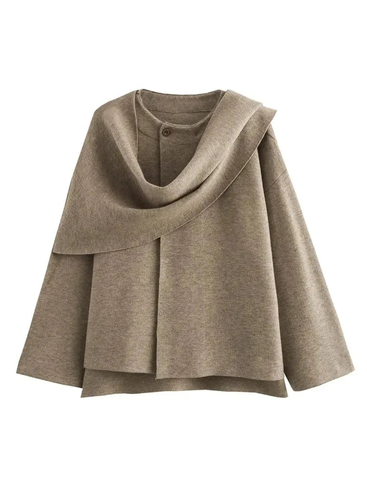TRAF Women's Fashion Fall Winter Chic Knitted Asymmetric Jacket with Split Hem