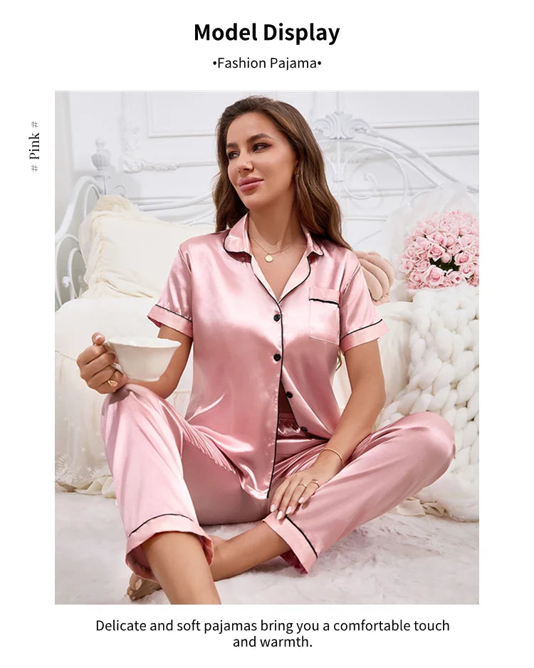 Women's Satin Pajamas Set - Autumn Button-Down Sleepwear