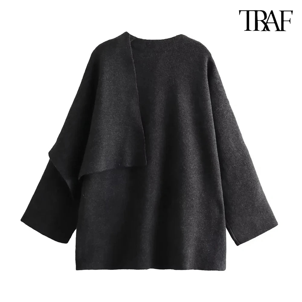 TRAF Women's Fashion Fall Winter Chic Knitted Asymmetric Jacket with Split Hem
