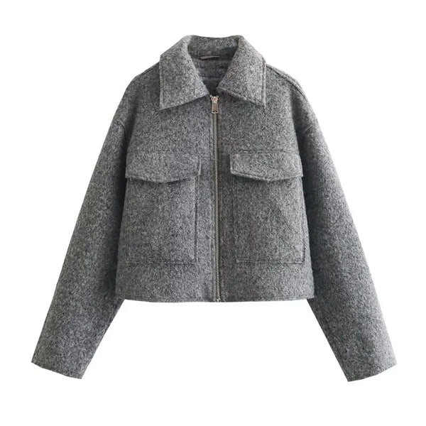 TRAF Autumn Winter Cropped Jacket for Women - Tweed Zip Crop Coat
