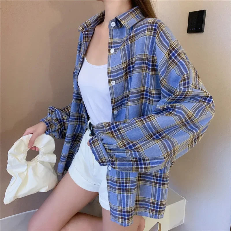 Plaid Shirt for Women, Autumn Long Sleeve Top, Vintage Fashion Blouse