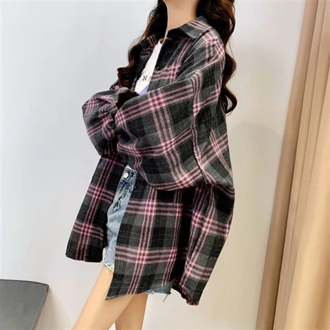 Plaid Shirt for Women, Autumn Long Sleeve Top, Vintage Fashion Blouse