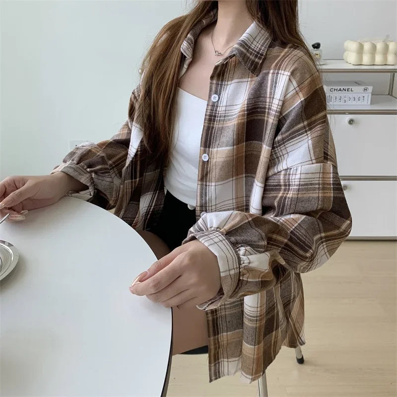 Plaid Shirt for Women, Autumn Long Sleeve Top, Vintage Fashion Blouse