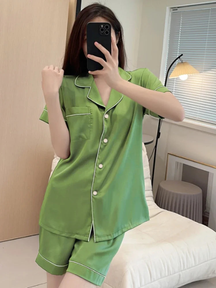 Solid Women Faux Silk Pajama Set – Summer Korean Fashion 2-Piece Sleepwear