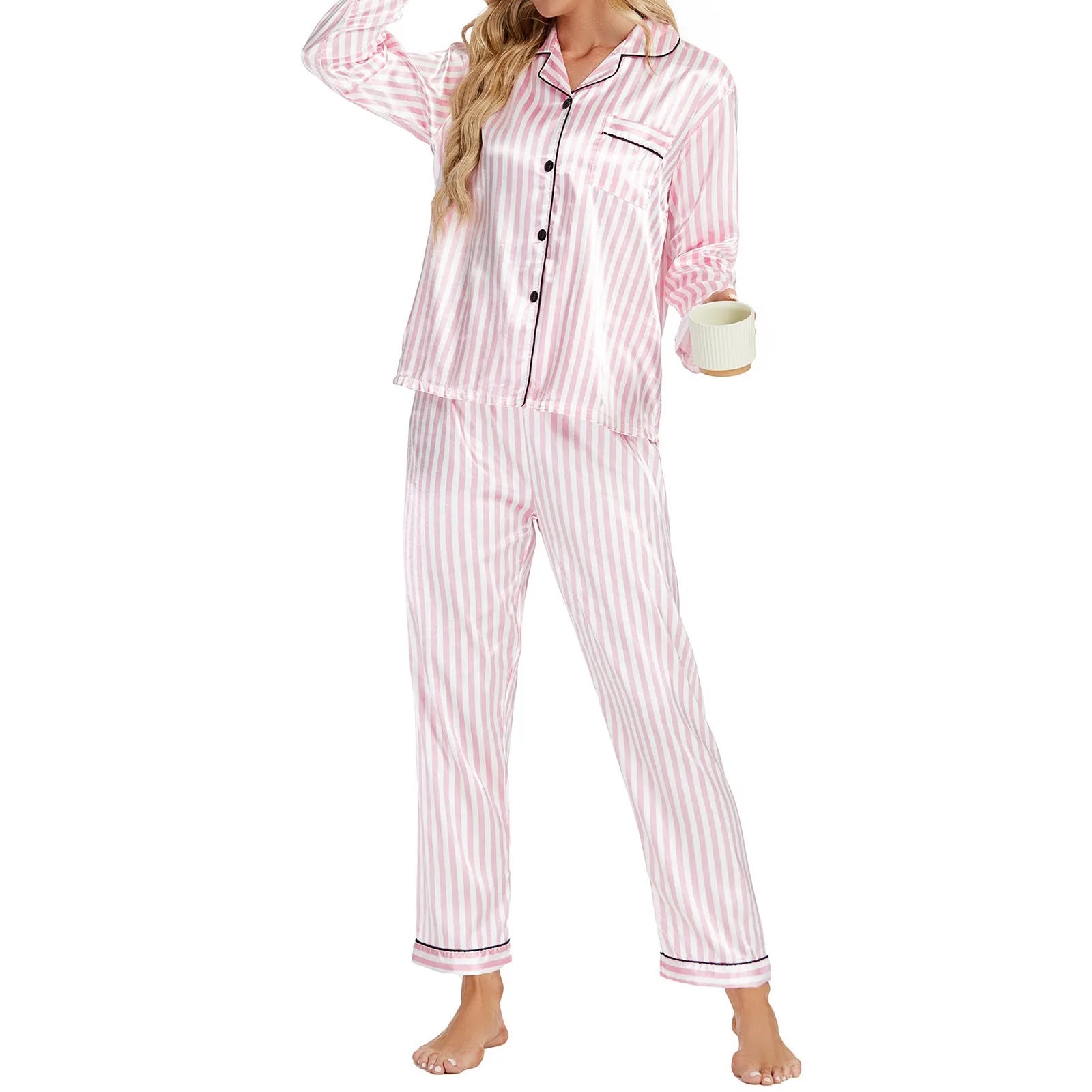 Home Clothes Women's Autumn Printed Soft Satin Single Breasted Lapel Long Sleeve Shirts With Trouser Loungewear Pajama Sets