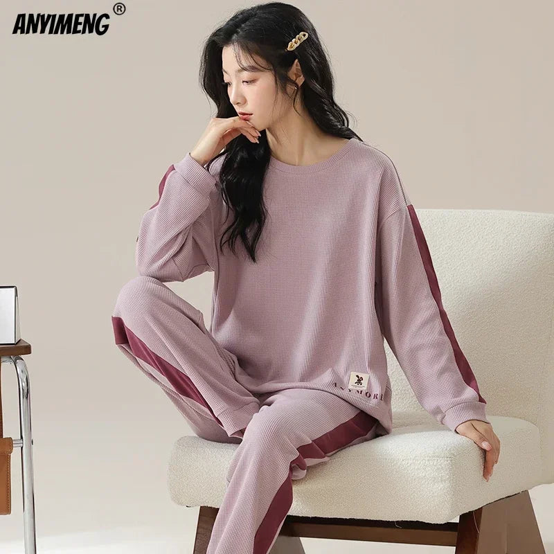 New Autumn Winter Waffle Cotton Pajamas for Women - Long Sleeves Sleepwear