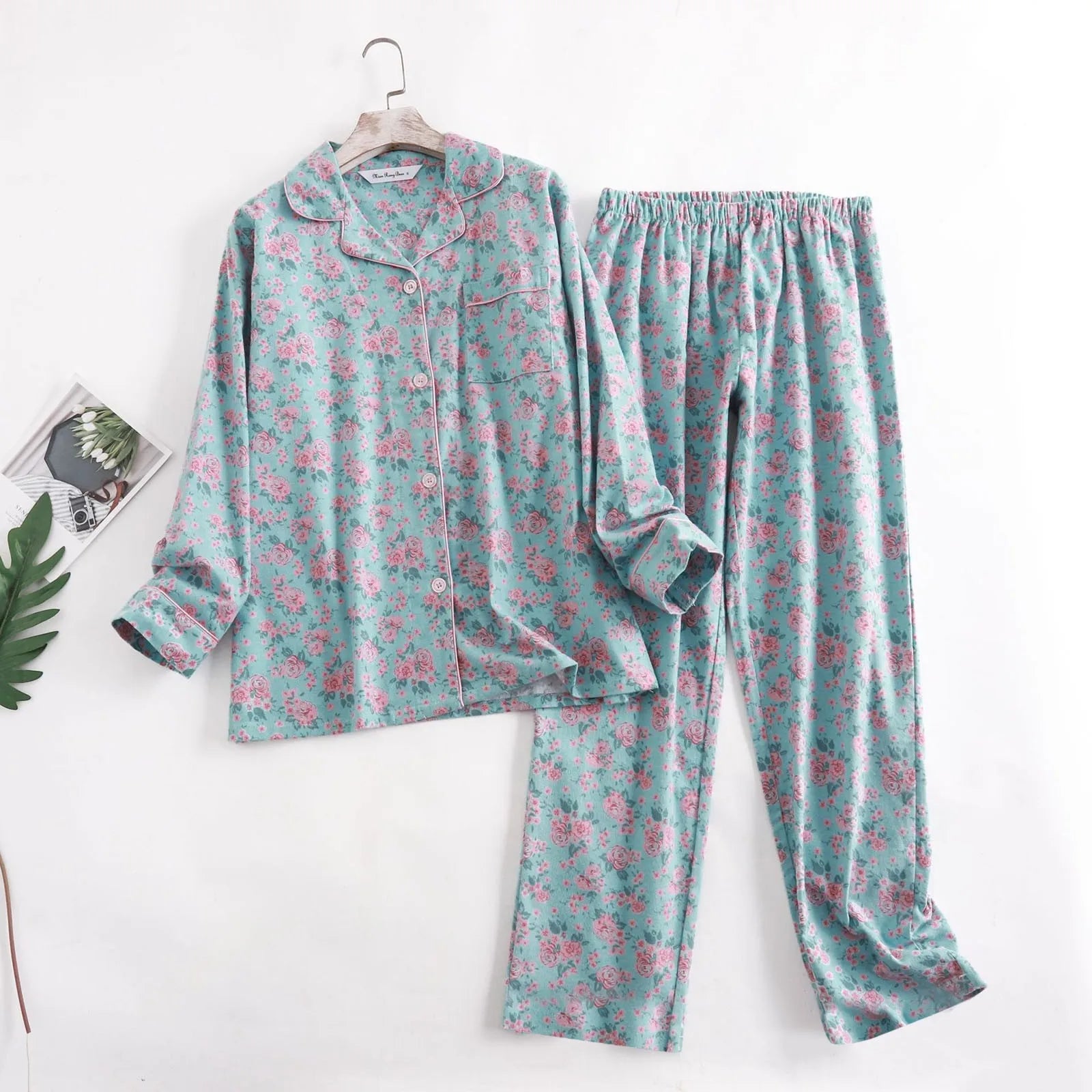 Ladies Cotton Pajamas Loungewear Plus Size Simple Loose Spring  Autumn And Winter Cartoon Floral Print Long Sleeve Trousers Set