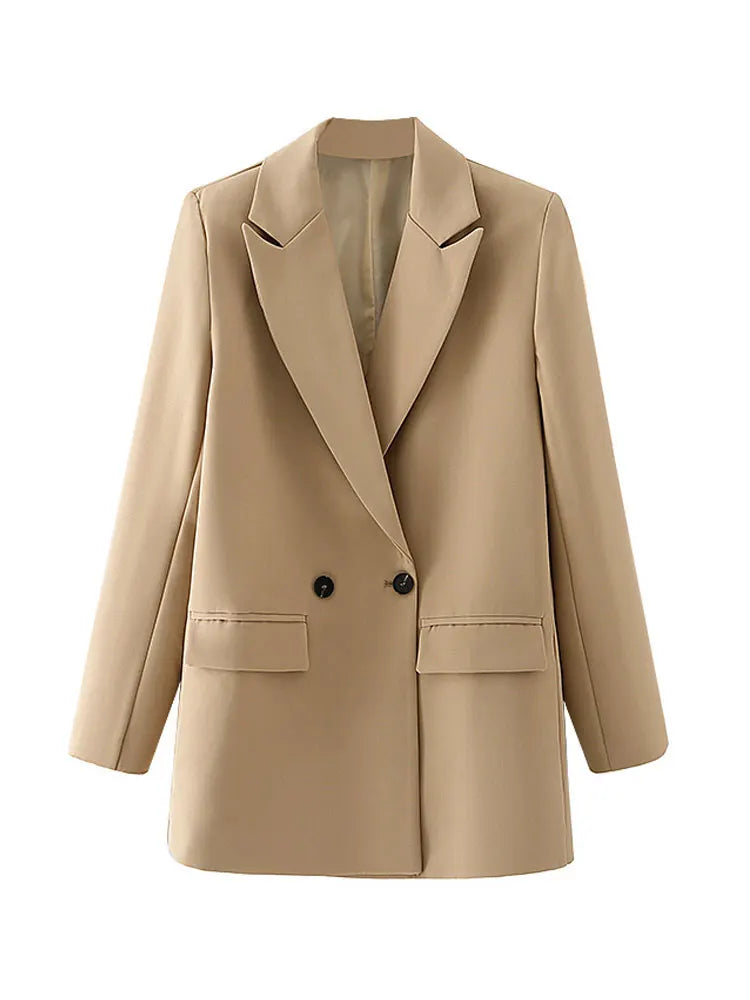 TRAF Women Chic Office Lady Double Breasted Blazer - Vintage Notched Collar Long Sleeve Coat