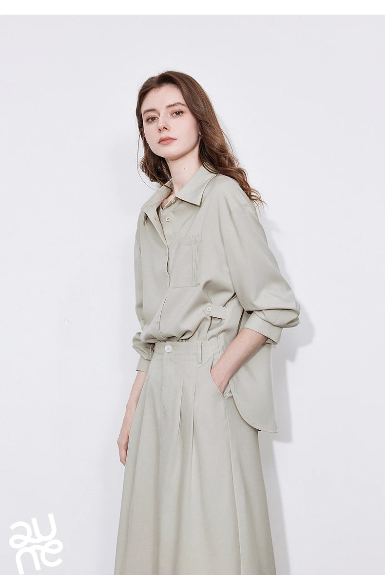 TOYOUTH Women Two-Piece Set Spring 2025 Long Sleeve Shirt & Mid-Length Skirt