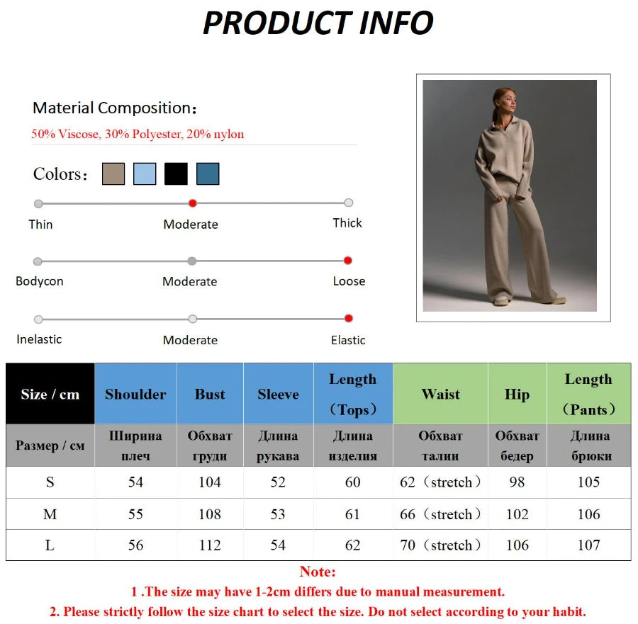 Bornladies Winter Knitted 2-Piece Suit for Women - Polo Neck Sweater & Wide Leg Pants