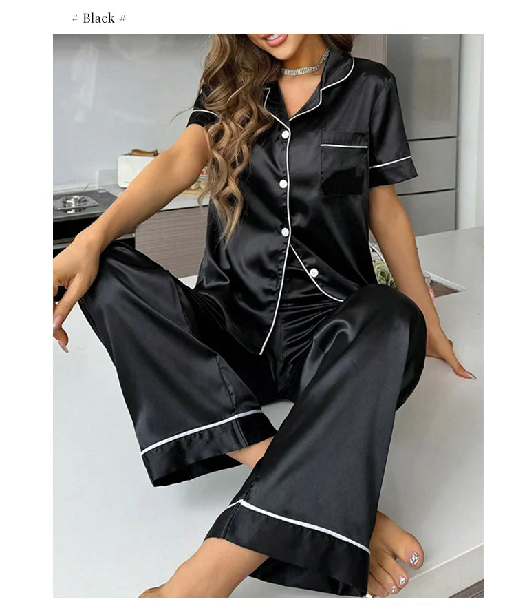 Women's Satin Pajamas Set - Autumn Button-Down Sleepwear