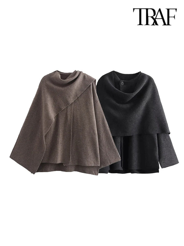 TRAF Women's Fashion Fall Winter Chic Knitted Asymmetric Jacket with Split Hem