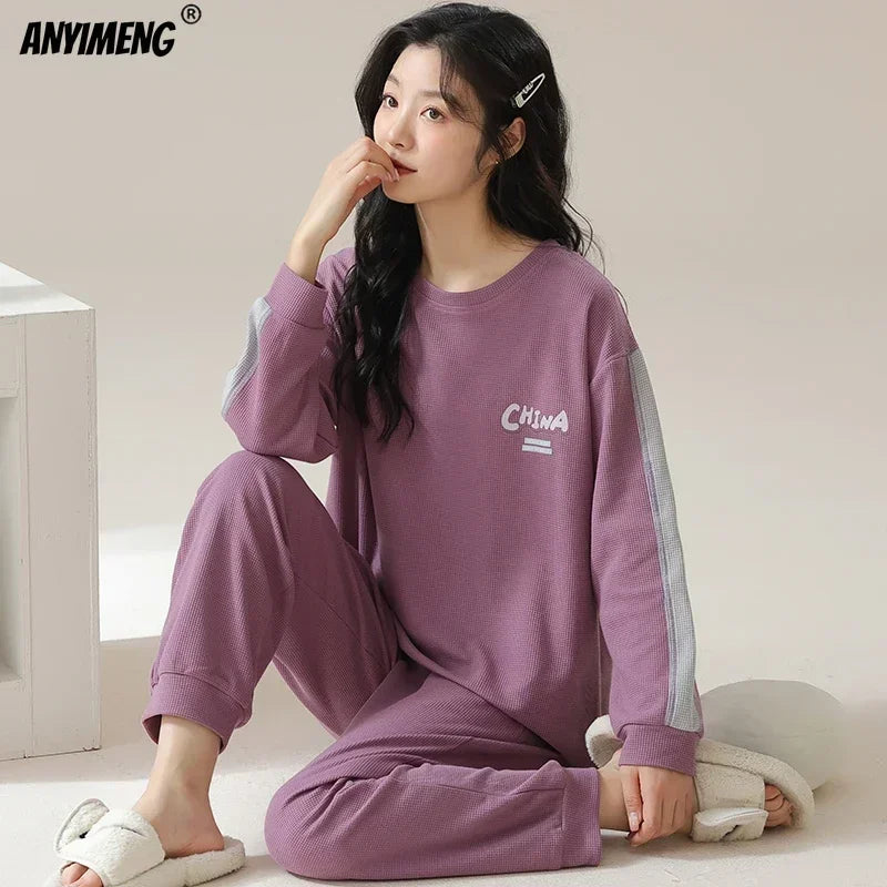 New Autumn Winter Waffle Cotton Pajamas for Women - Long Sleeves Sleepwear