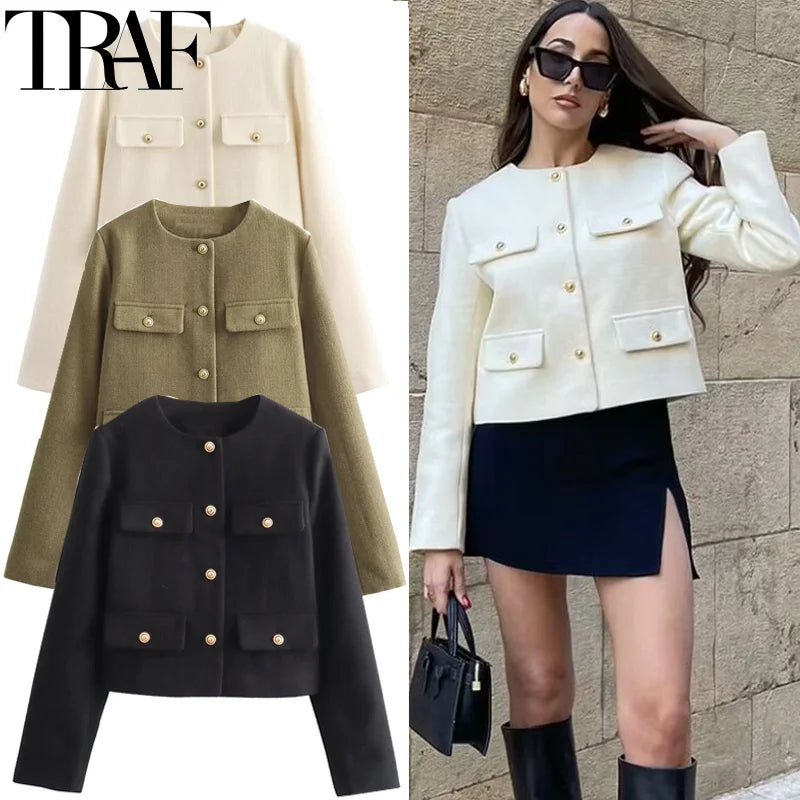 TRAF Women's Autumn Long Sleeve Cropped Jacket - Elegant Demi-Season Coat