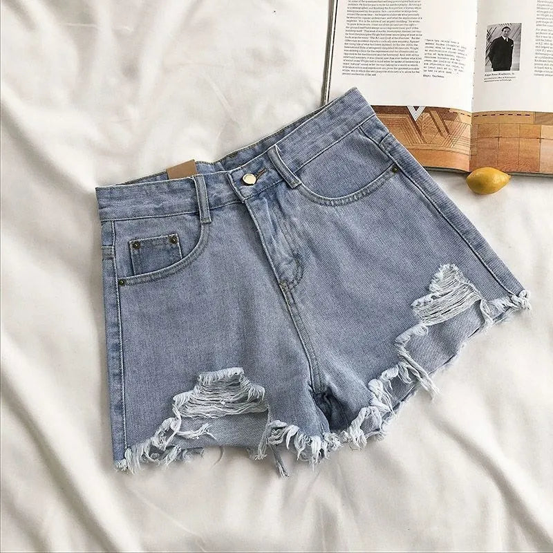 Korean Denim Shorts for Women – High Waist, Ripped, Y2K Streetwear