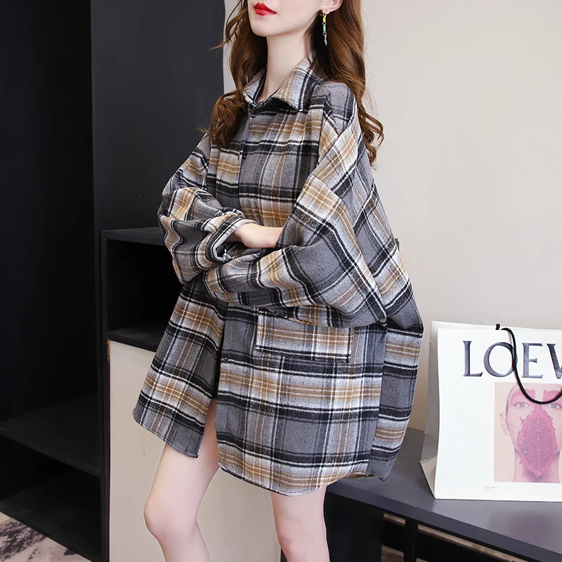 Plaid Shirt for Women, Autumn Long Sleeve Top, Vintage Fashion Blouse