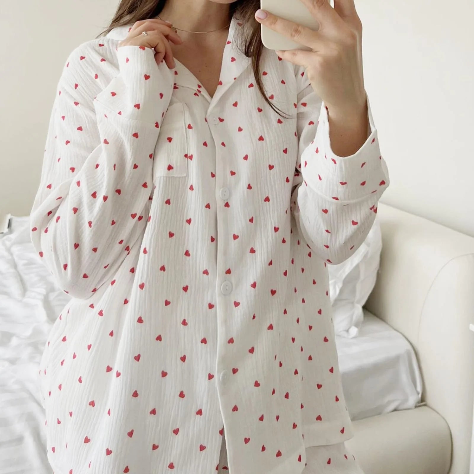 Valentine'S Day Women’S 2 Piece Pajamas Set Long Sleeve Lapel Neck Heart Print Button Up Shirt + Shorts Set Loungewear Outfit