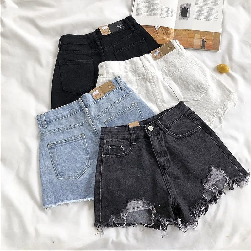 Korean Denim Shorts for Women – High Waist, Ripped, Y2K Streetwear