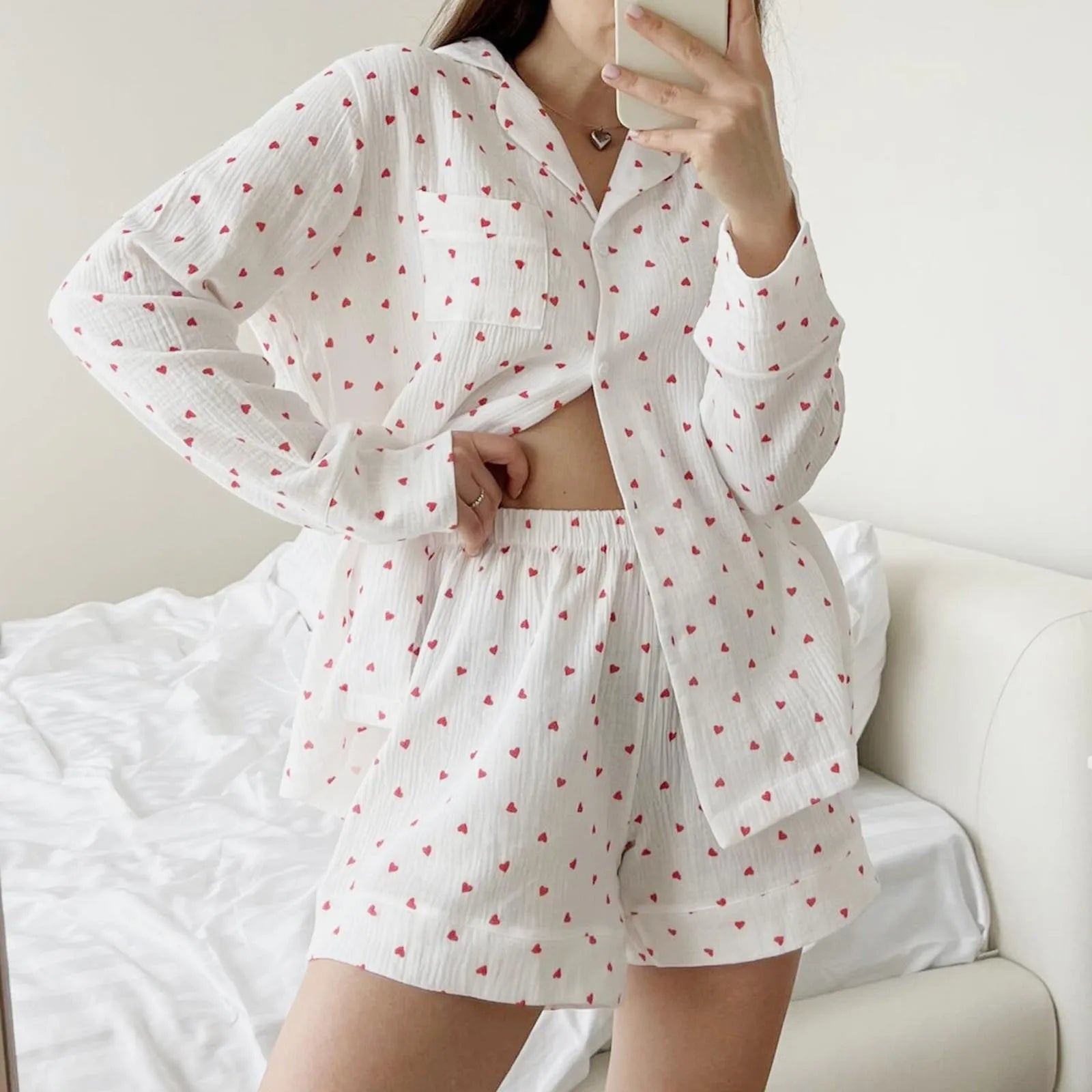 Valentine'S Day Women’S 2 Piece Pajamas Set Long Sleeve Lapel Neck Heart Print Button Up Shirt + Shorts Set Loungewear Outfit