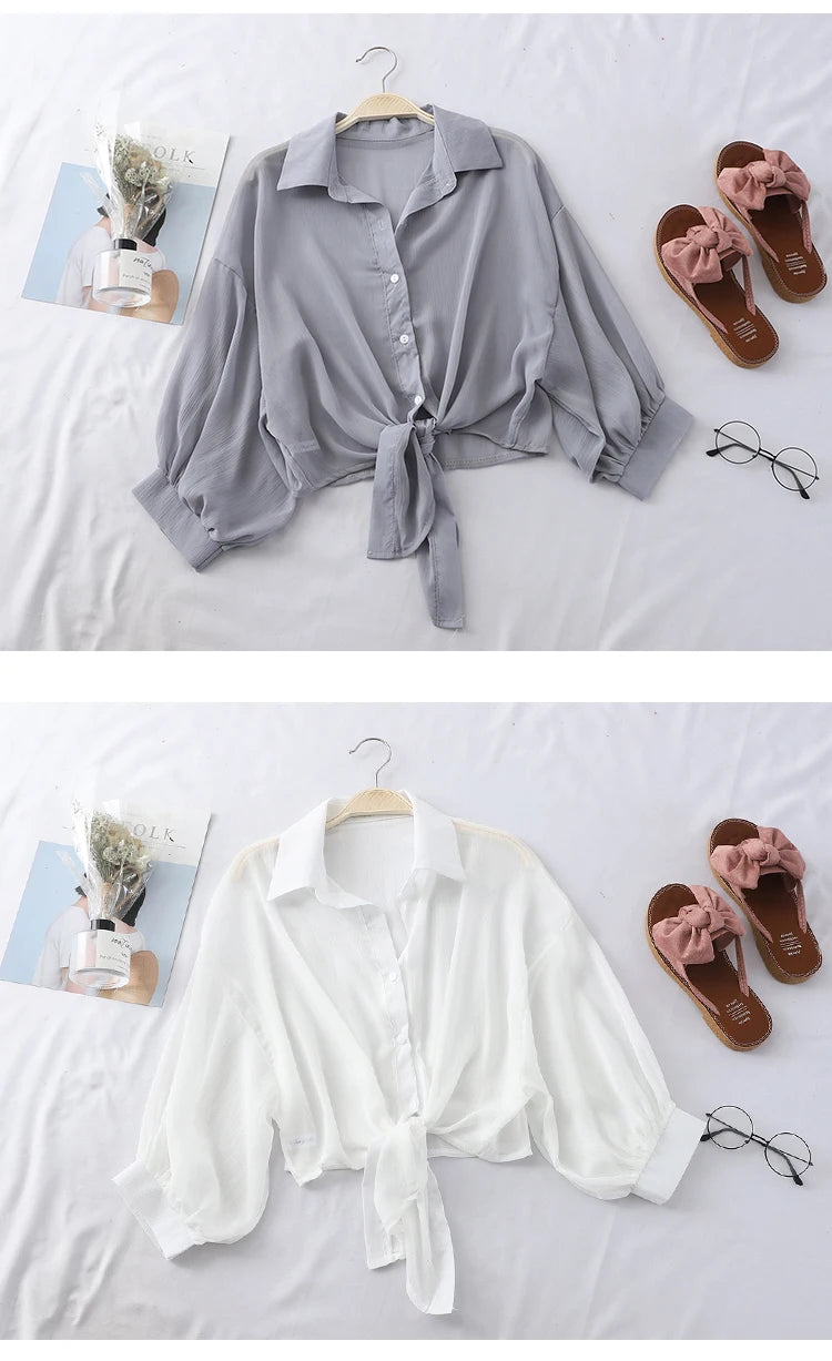 Casual Loose White Chiffon Blouse with Tied Waist for Women