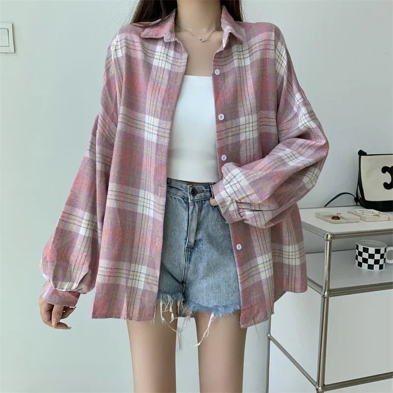 Plaid Shirt for Women, Autumn Long Sleeve Top, Vintage Fashion Blouse