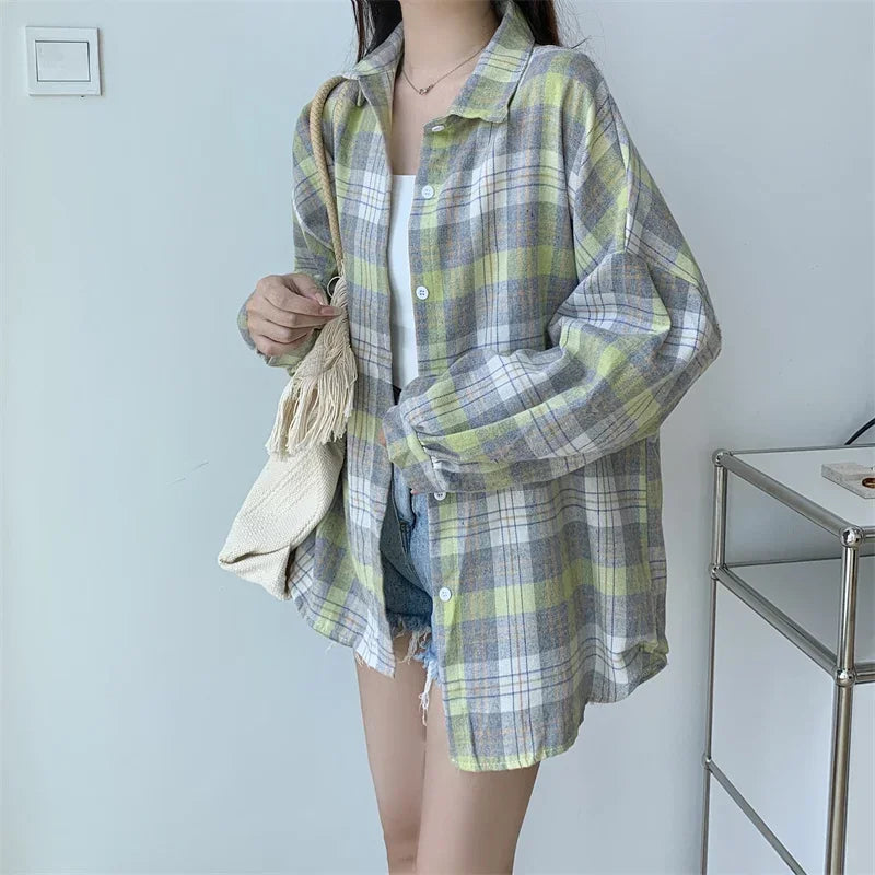 Plaid Shirt for Women, Autumn Long Sleeve Top, Vintage Fashion Blouse