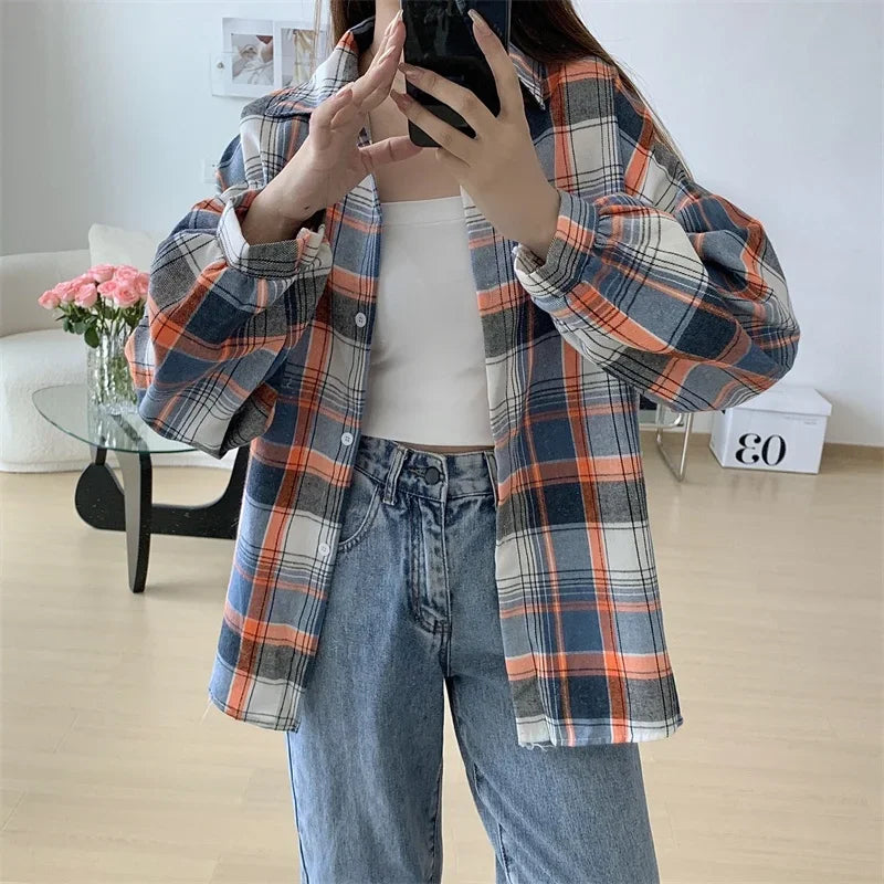 Plaid Shirt for Women, Autumn Long Sleeve Top, Vintage Fashion Blouse