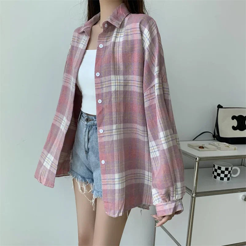 Plaid Shirt for Women, Autumn Long Sleeve Top, Vintage Fashion Blouse