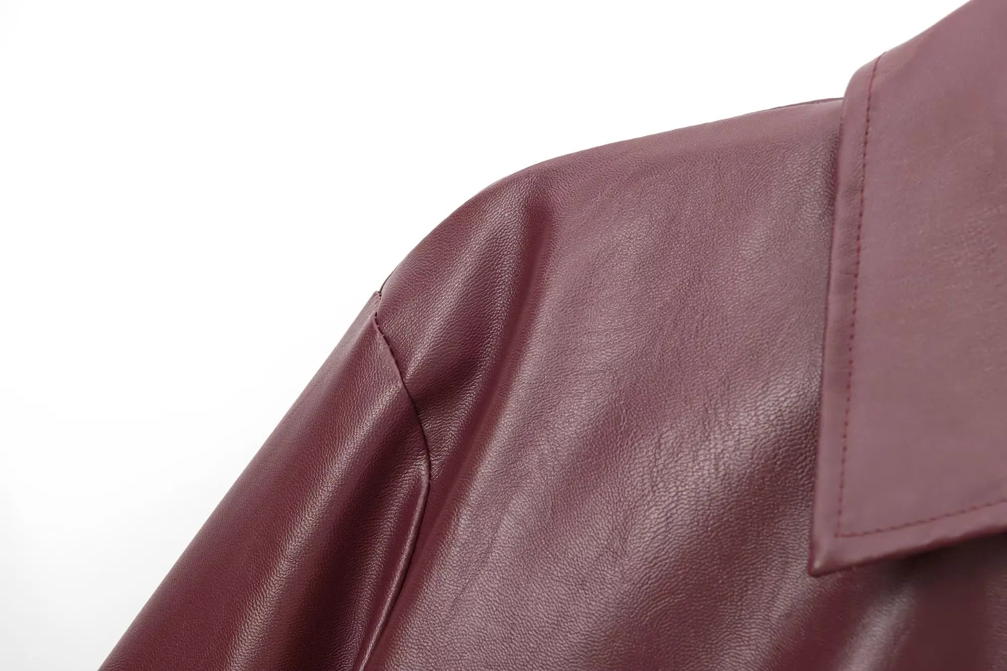 TRAFZA Wine Red Faux Leather Jacket for Women – Thicken Zipper Lapel Coat for Autumn & Winter