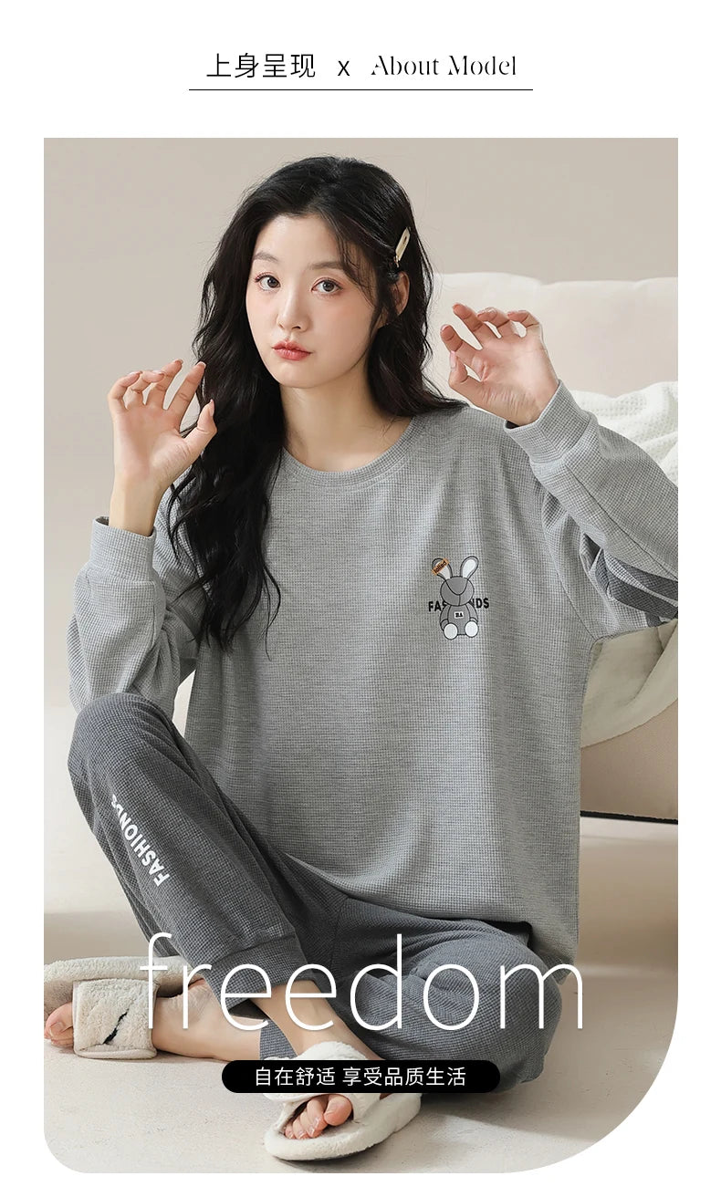 New Autumn Winter Waffle Cotton Pajamas for Women - Long Sleeves Sleepwear