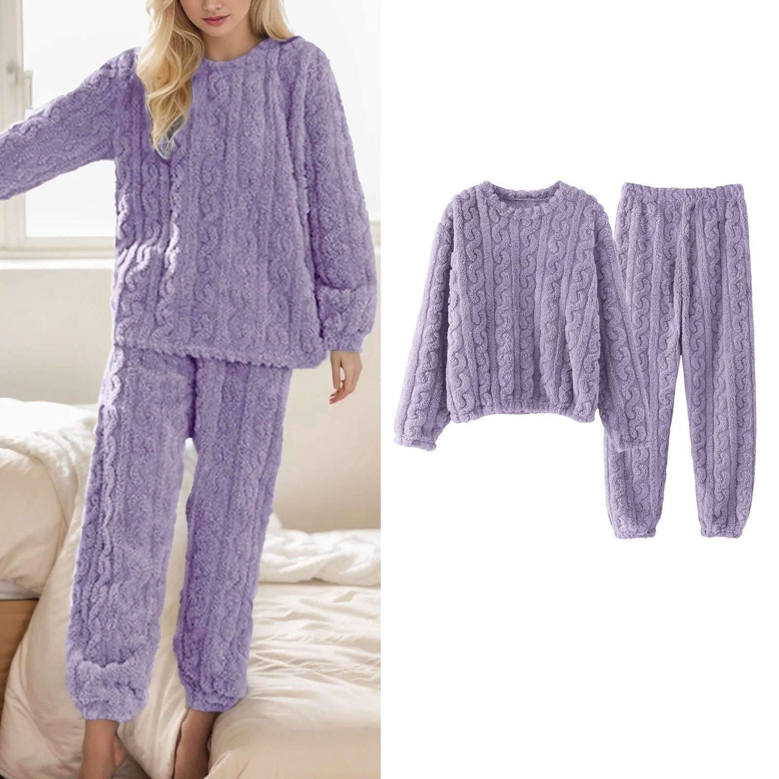 Winter Fuzzy Warm Pajamas Suit For Women Cozy Fleece Oversized Pullover Top And Pants Suit Female Loungewear 2 Piece Sets