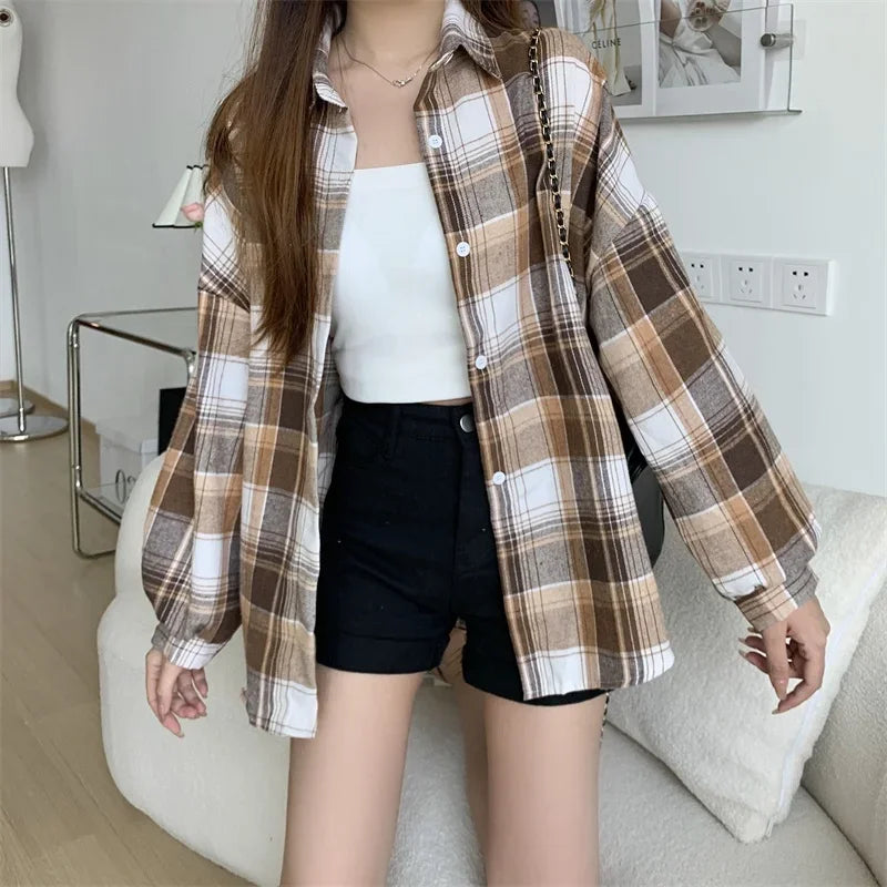 Plaid Shirt for Women, Autumn Long Sleeve Top, Vintage Fashion Blouse