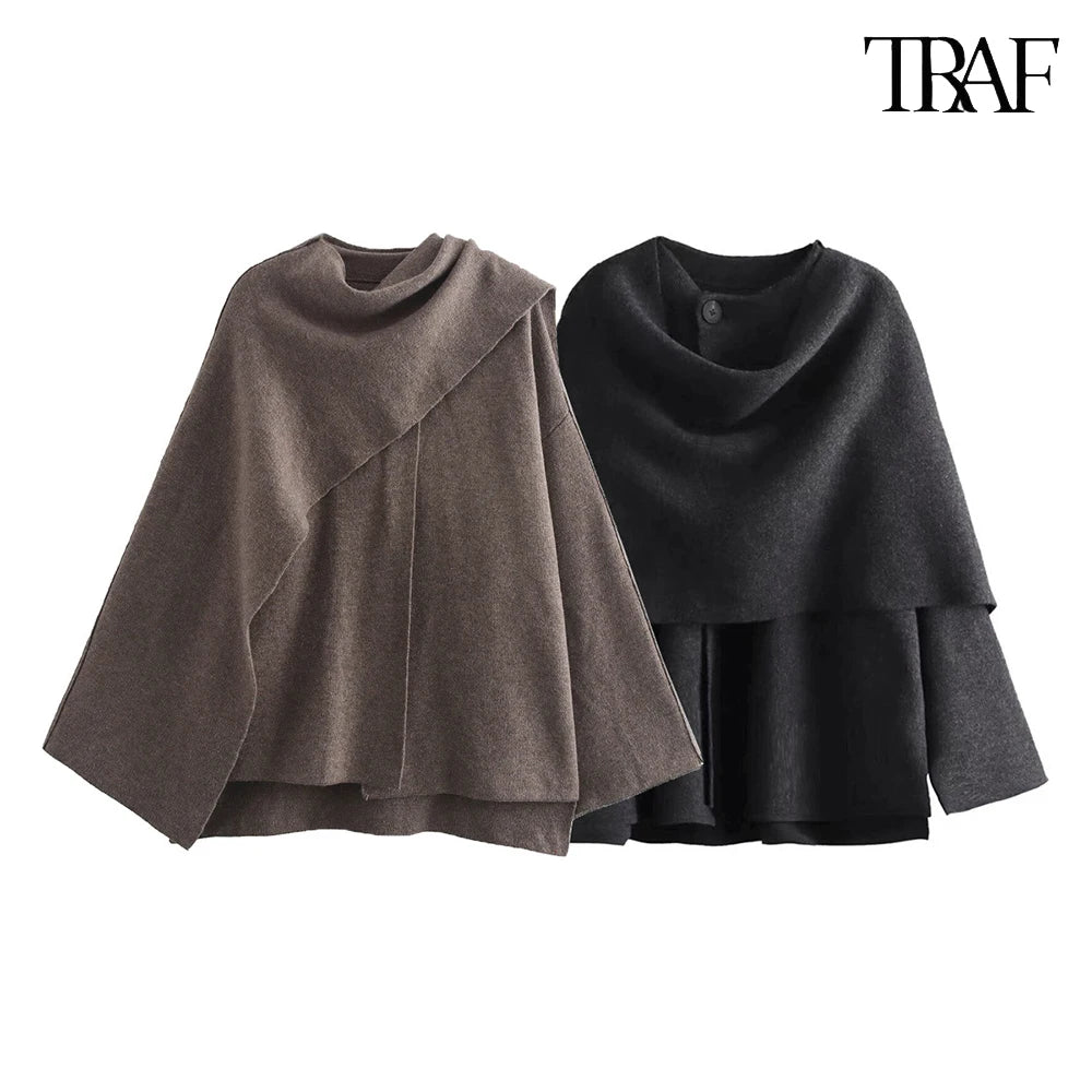 TRAF Women's Fashion Fall Winter Chic Knitted Asymmetric Jacket with Split Hem