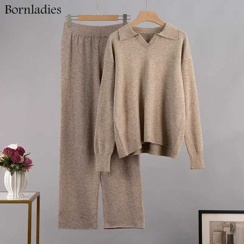 Bornladies Winter Knitted 2-Piece Suit for Women - Polo Neck Sweater & Wide Leg Pants