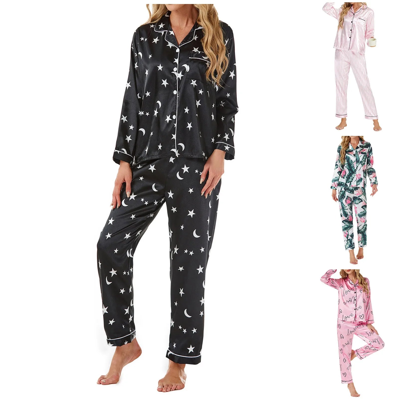 Home Clothes Women's Autumn Printed Soft Satin Single Breasted Lapel Long Sleeve Shirts With Trouser Loungewear Pajama Sets