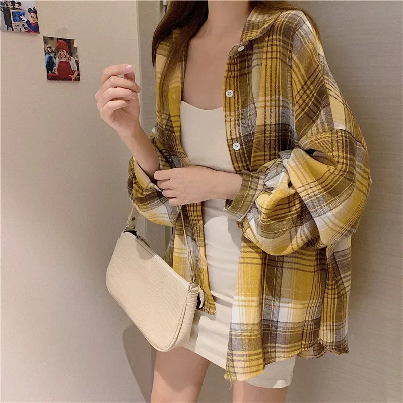 Plaid Shirt for Women, Autumn Long Sleeve Top, Vintage Fashion Blouse