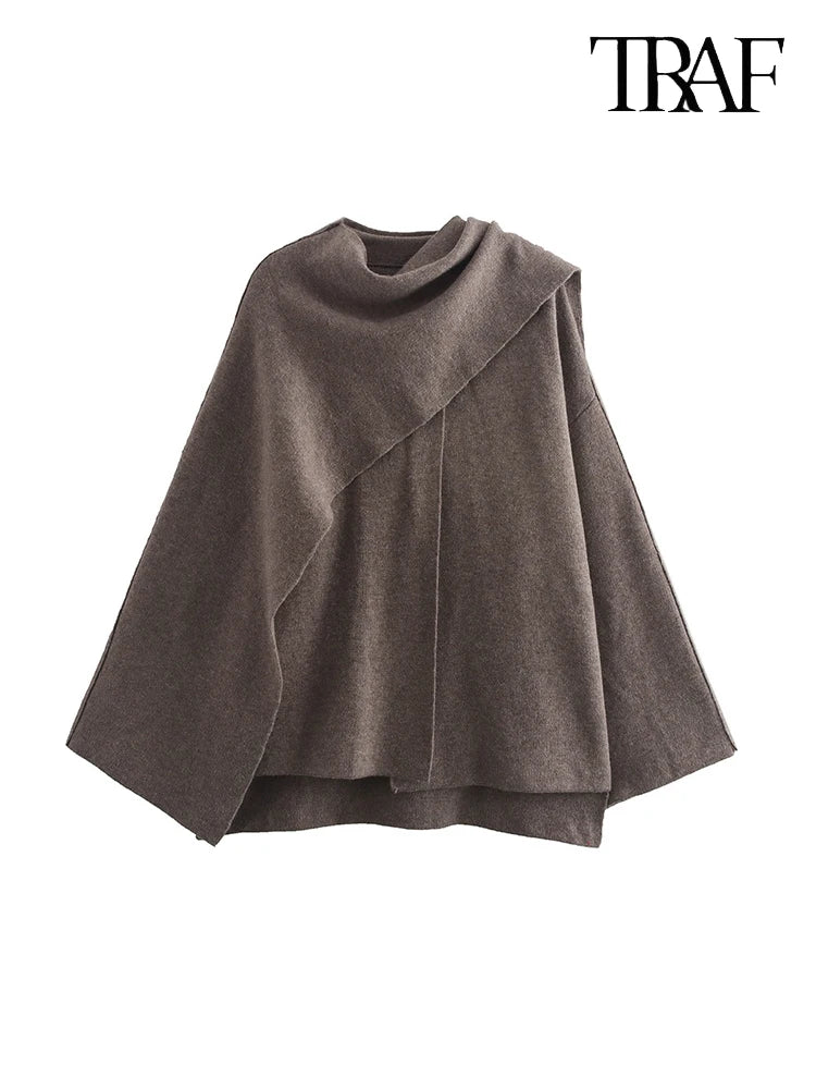 TRAF Women's Fashion Fall Winter Chic Knitted Asymmetric Jacket with Split Hem
