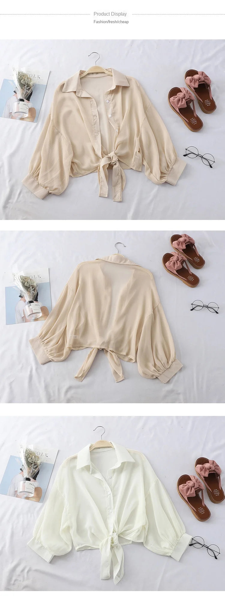 Casual Loose White Chiffon Blouse with Tied Waist for Women