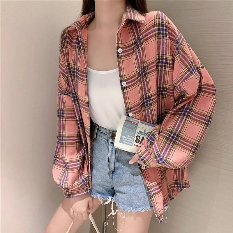 Plaid Shirt for Women, Autumn Long Sleeve Top, Vintage Fashion Blouse