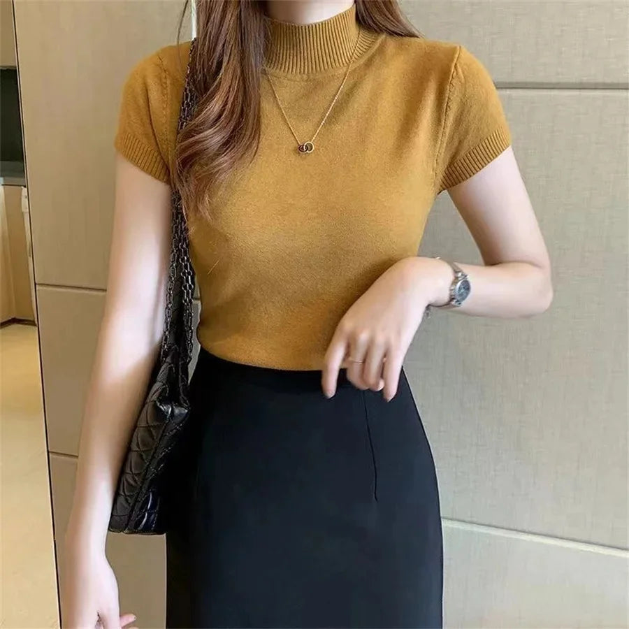 Women’s Spring Summer Knitted Turtleneck Sweater – Casual Short Sleeve Pullover Blouse