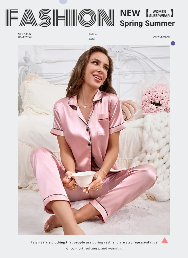 Women's Satin Pajamas Set - Autumn Button-Down Sleepwear