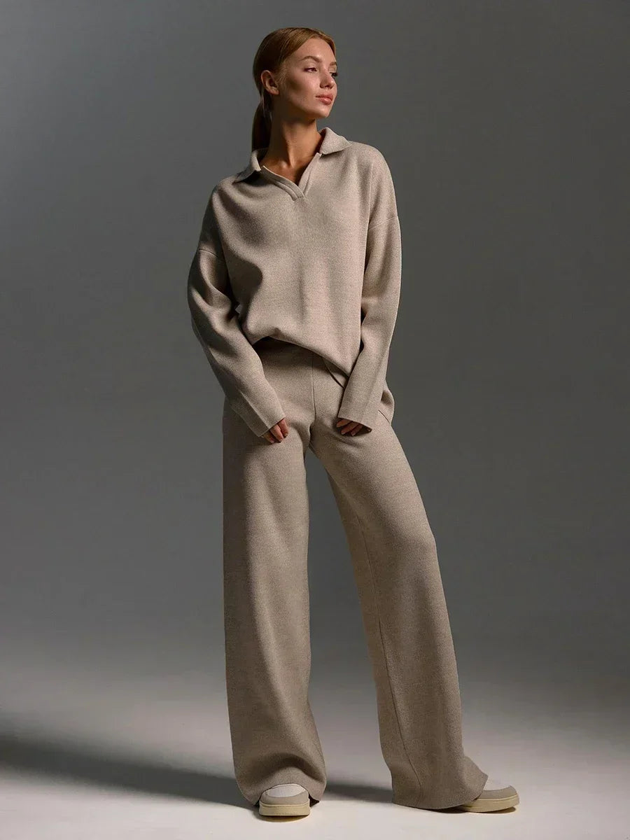 Bornladies Winter Knitted 2-Piece Suit for Women - Polo Neck Sweater & Wide Leg Pants