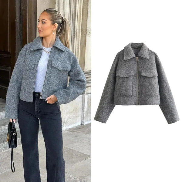 TRAF Autumn Winter Cropped Jacket for Women - Tweed Zip Crop Coat