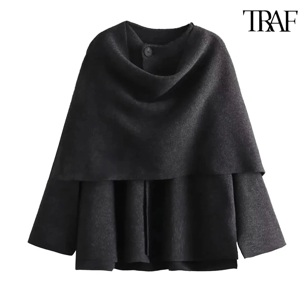 TRAF Women's Fashion Fall Winter Chic Knitted Asymmetric Jacket with Split Hem