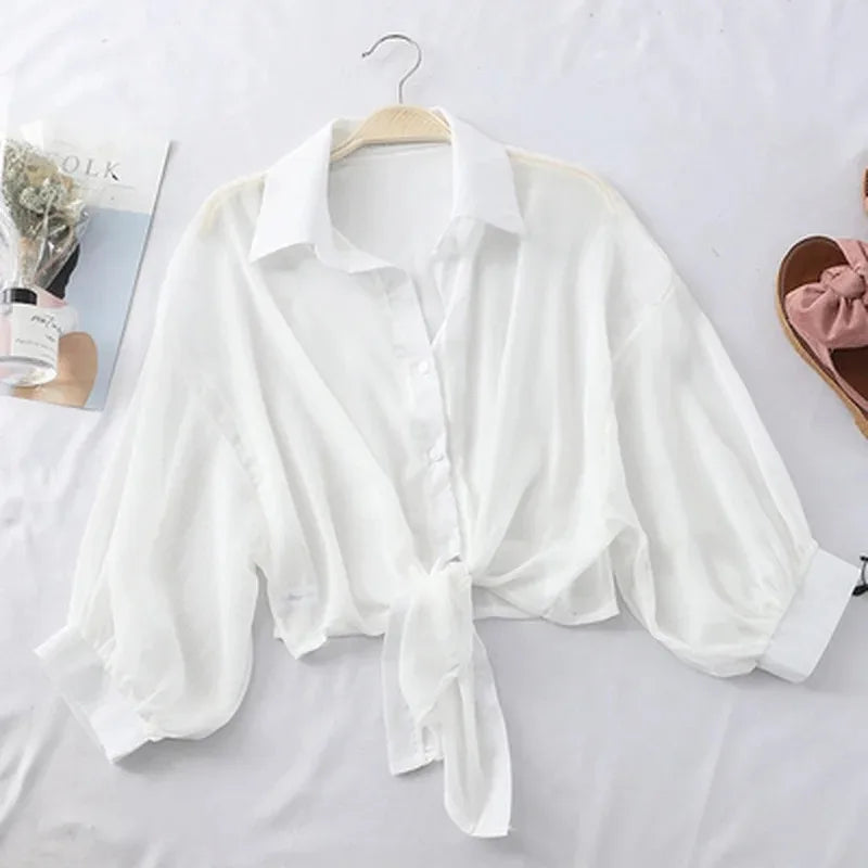 Casual Loose White Chiffon Blouse with Tied Waist for Women