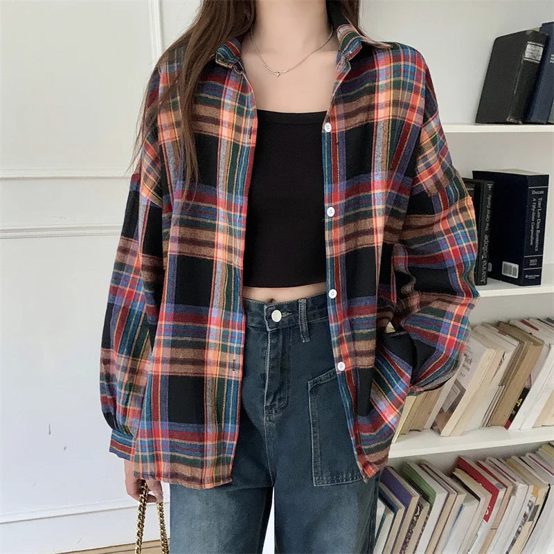 Plaid Shirt for Women, Autumn Long Sleeve Top, Vintage Fashion Blouse