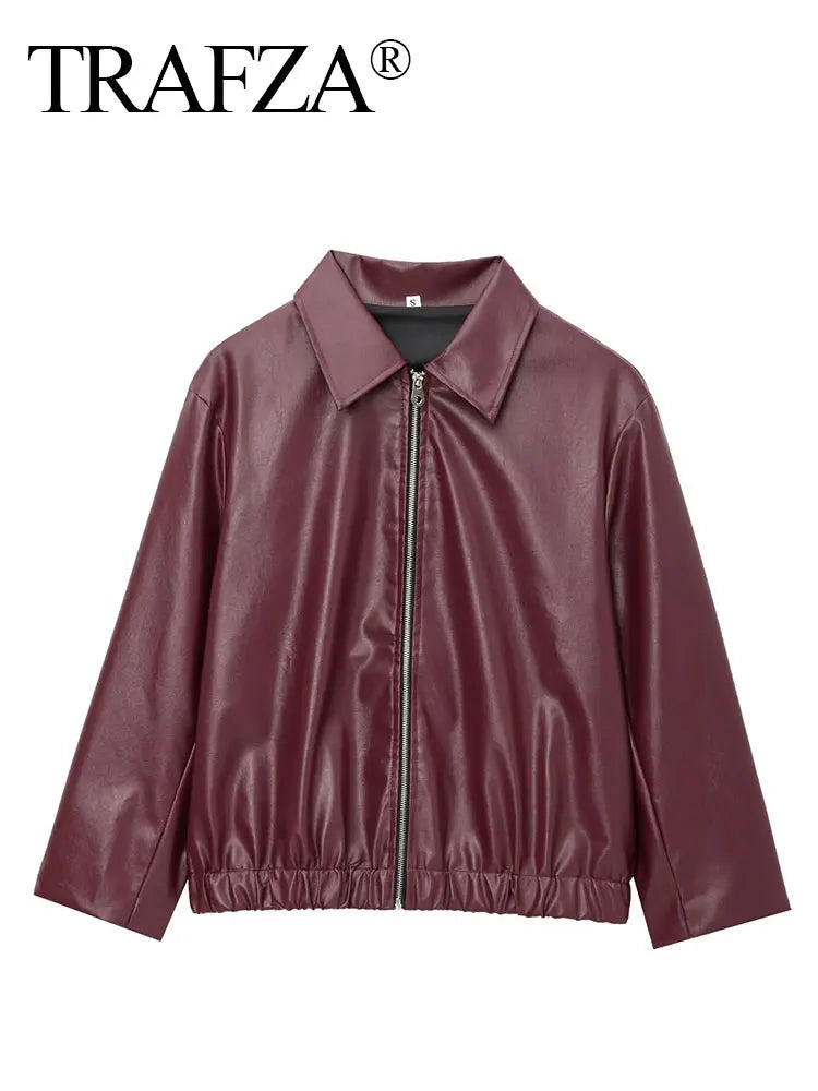 TRAFZA Wine Red Faux Leather Jacket for Women – Thicken Zipper Lapel Coat for Autumn & Winter