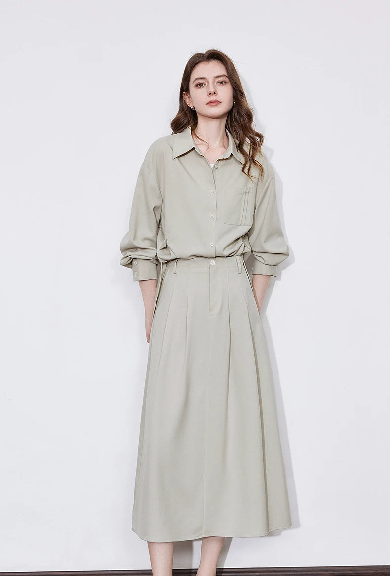 TOYOUTH Women Two-Piece Set Spring 2025 Long Sleeve Shirt & Mid-Length Skirt